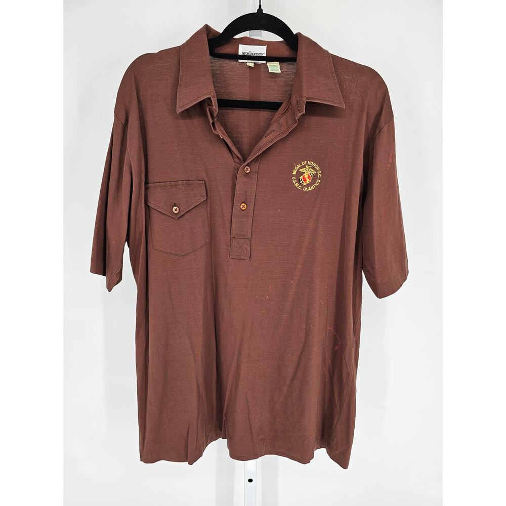 Vintage SporThompason Mens Sz XL Short Sleeve Polo Shirt Brown USMC Marines